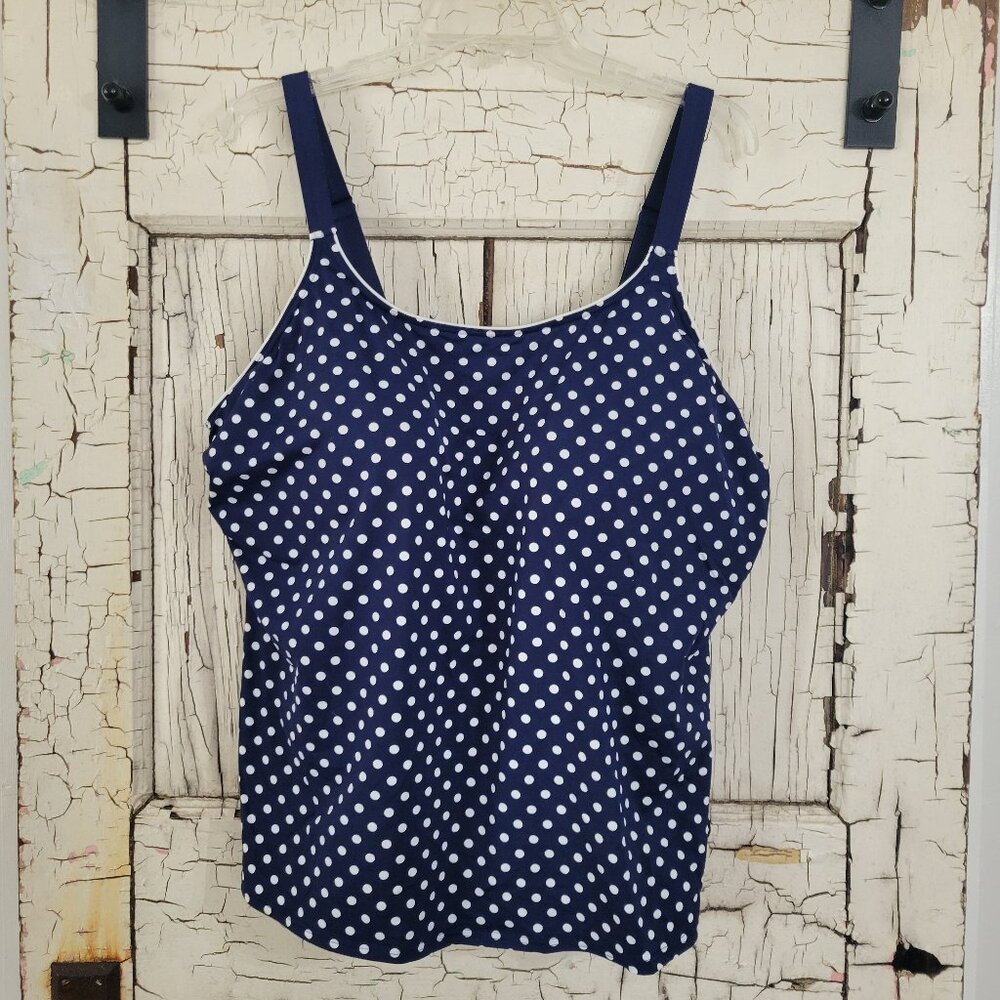 Land's End Tankini Swimsuit Swim Top Built In Bra Navy Blue White Polka Dots 24W